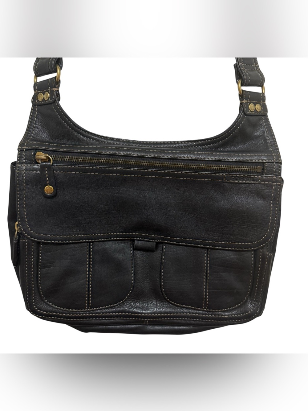 Fossil Saddle Bag Black Leather Multi Pocket Crossbody Messenger Shoulder Bag
